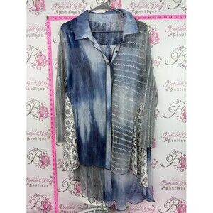 Button up long sleeve tie dye floral Blue & Gray Layered Button-Up Tunic